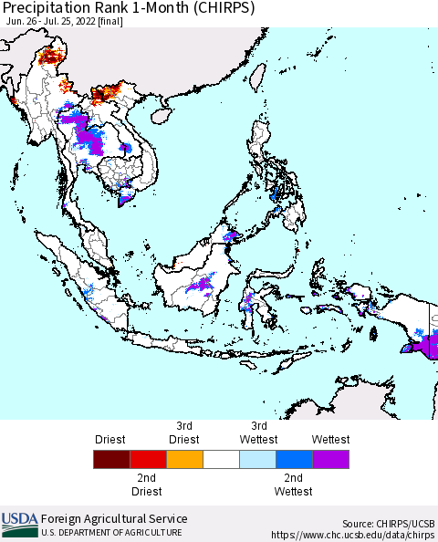 South East Asia Precipitation Rank since 1981, 1-Month (CHIRPS) Thematic Map For 6/26/2022 - 7/25/2022