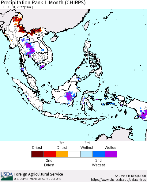 South East Asia Precipitation Rank since 1981, 1-Month (CHIRPS) Thematic Map For 7/1/2022 - 7/31/2022