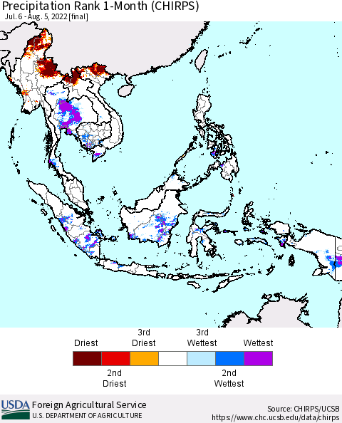 South East Asia Precipitation Rank since 1981, 1-Month (CHIRPS) Thematic Map For 7/6/2022 - 8/5/2022