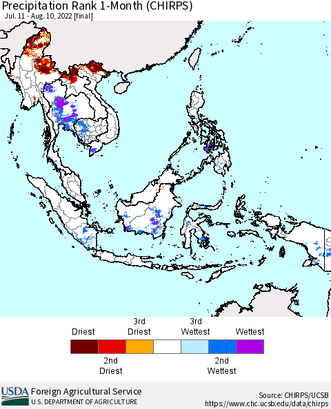 South East Asia Precipitation Rank since 1981, 1-Month (CHIRPS) Thematic Map For 7/11/2022 - 8/10/2022