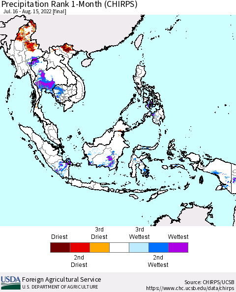 South East Asia Precipitation Rank since 1981, 1-Month (CHIRPS) Thematic Map For 7/16/2022 - 8/15/2022