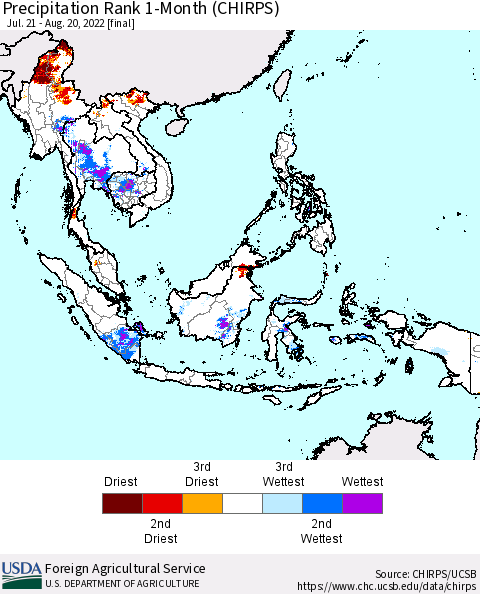 South East Asia Precipitation Rank since 1981, 1-Month (CHIRPS) Thematic Map For 7/21/2022 - 8/20/2022