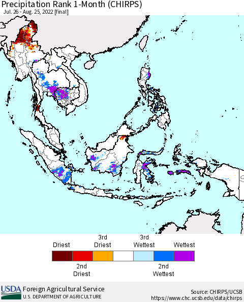 South East Asia Precipitation Rank since 1981, 1-Month (CHIRPS) Thematic Map For 7/26/2022 - 8/25/2022