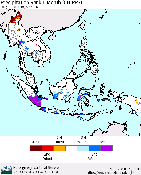South East Asia Precipitation Rank since 1981, 1-Month (CHIRPS) Thematic Map For 8/11/2022 - 9/10/2022