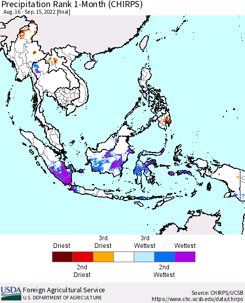 South East Asia Precipitation Rank since 1981, 1-Month (CHIRPS) Thematic Map For 8/16/2022 - 9/15/2022