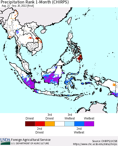 South East Asia Precipitation Rank since 1981, 1-Month (CHIRPS) Thematic Map For 8/21/2022 - 9/20/2022