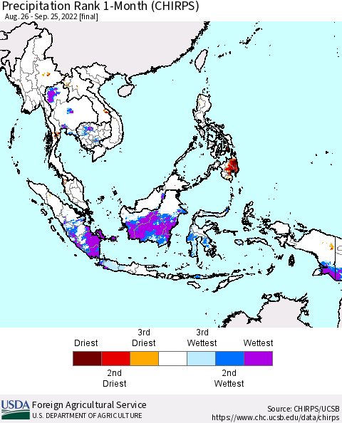 South East Asia Precipitation Rank since 1981, 1-Month (CHIRPS) Thematic Map For 8/26/2022 - 9/25/2022