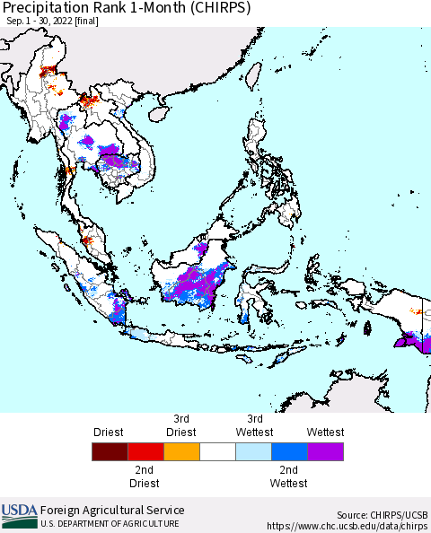 South East Asia Precipitation Rank since 1981, 1-Month (CHIRPS) Thematic Map For 9/1/2022 - 9/30/2022