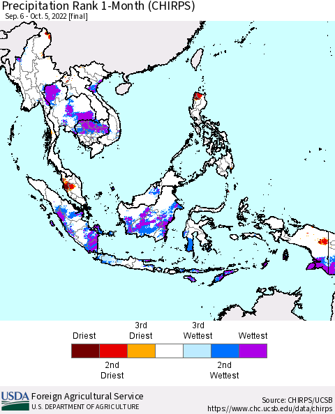 South East Asia Precipitation Rank since 1981, 1-Month (CHIRPS) Thematic Map For 9/6/2022 - 10/5/2022