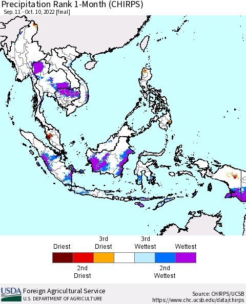 South East Asia Precipitation Rank since 1981, 1-Month (CHIRPS) Thematic Map For 9/11/2022 - 10/10/2022