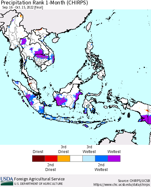 South East Asia Precipitation Rank since 1981, 1-Month (CHIRPS) Thematic Map For 9/16/2022 - 10/15/2022