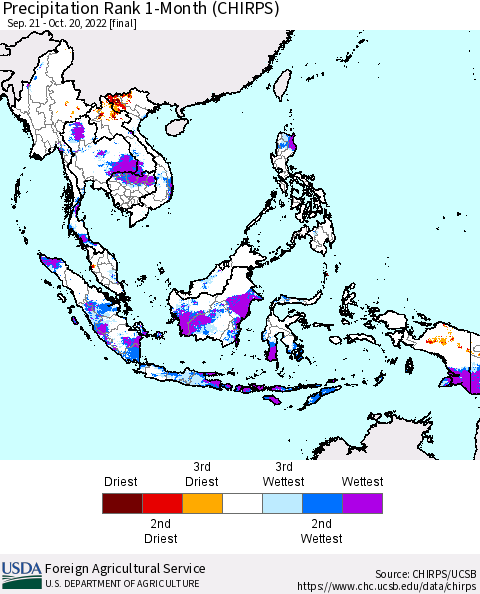 South East Asia Precipitation Rank since 1981, 1-Month (CHIRPS) Thematic Map For 9/21/2022 - 10/20/2022