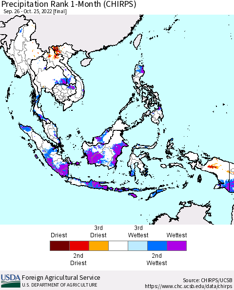 South East Asia Precipitation Rank since 1981, 1-Month (CHIRPS) Thematic Map For 9/26/2022 - 10/25/2022