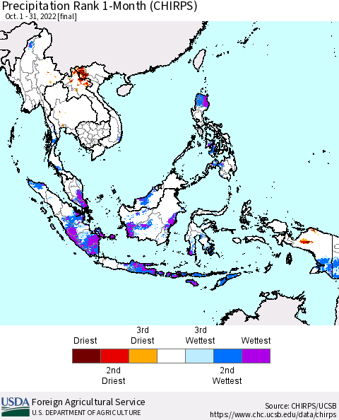South East Asia Precipitation Rank since 1981, 1-Month (CHIRPS) Thematic Map For 10/1/2022 - 10/31/2022