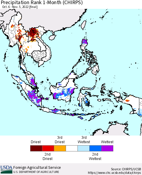 South East Asia Precipitation Rank since 1981, 1-Month (CHIRPS) Thematic Map For 10/6/2022 - 11/5/2022