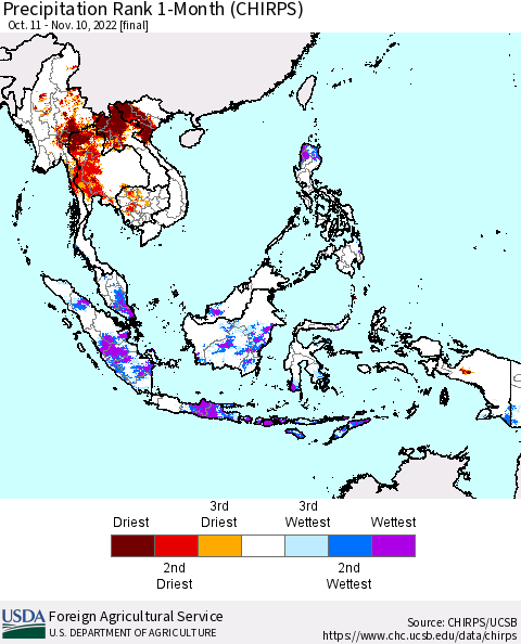 South East Asia Precipitation Rank since 1981, 1-Month (CHIRPS) Thematic Map For 10/11/2022 - 11/10/2022
