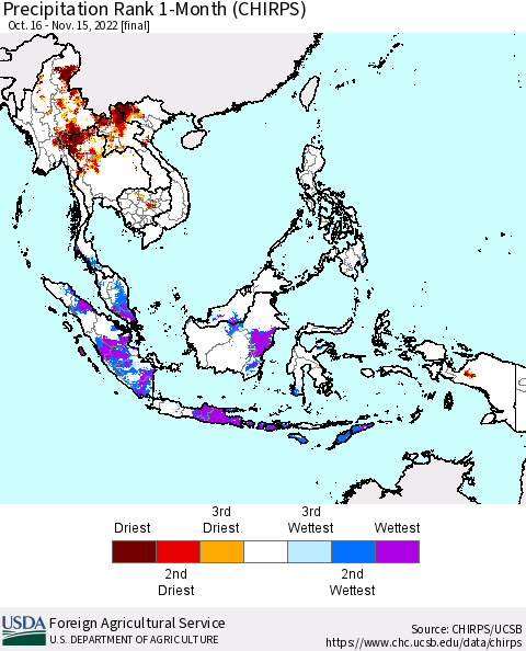 South East Asia Precipitation Rank since 1981, 1-Month (CHIRPS) Thematic Map For 10/16/2022 - 11/15/2022