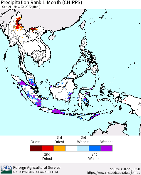 South East Asia Precipitation Rank since 1981, 1-Month (CHIRPS) Thematic Map For 10/21/2022 - 11/20/2022