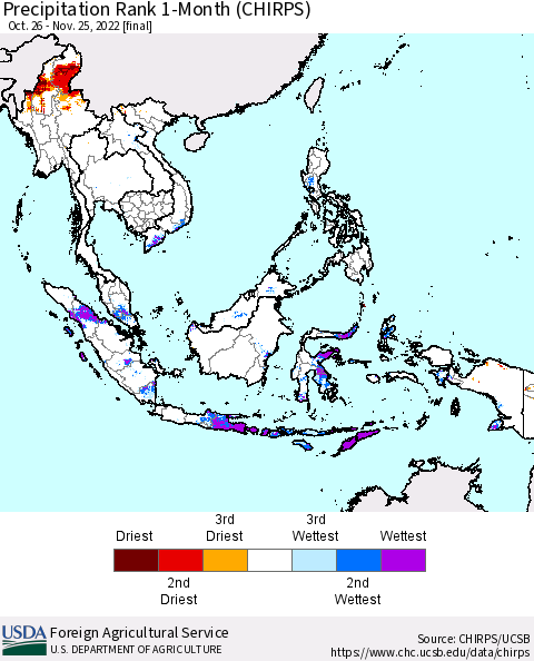 South East Asia Precipitation Rank since 1981, 1-Month (CHIRPS) Thematic Map For 10/26/2022 - 11/25/2022
