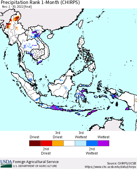 South East Asia Precipitation Rank since 1981, 1-Month (CHIRPS) Thematic Map For 11/1/2022 - 11/30/2022