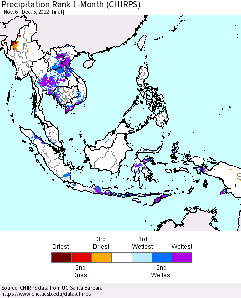 South East Asia Precipitation Rank since 1981, 1-Month (CHIRPS) Thematic Map For 11/6/2022 - 12/5/2022