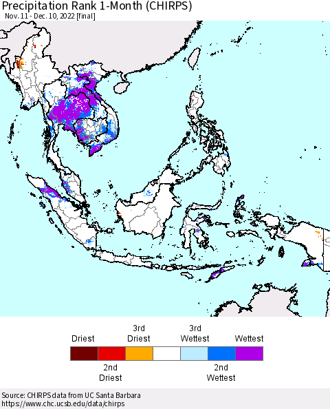 South East Asia Precipitation Rank since 1981, 1-Month (CHIRPS) Thematic Map For 11/11/2022 - 12/10/2022
