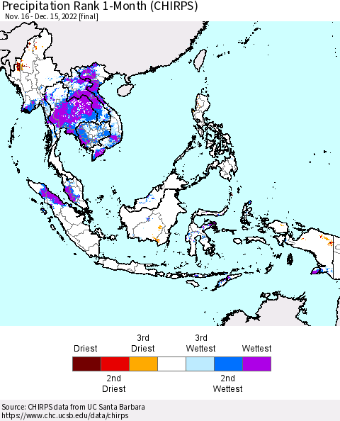 South East Asia Precipitation Rank since 1981, 1-Month (CHIRPS) Thematic Map For 11/16/2022 - 12/15/2022