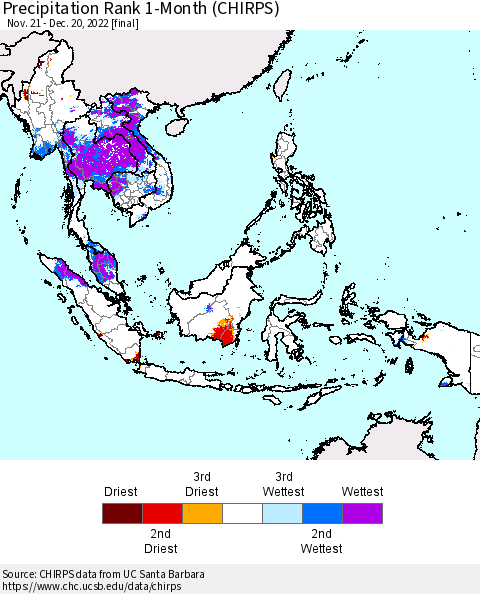 South East Asia Precipitation Rank since 1981, 1-Month (CHIRPS) Thematic Map For 11/21/2022 - 12/20/2022