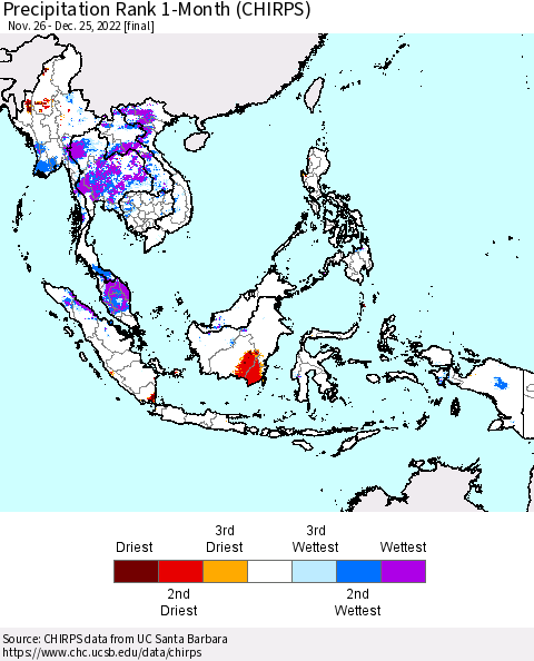 South East Asia Precipitation Rank since 1981, 1-Month (CHIRPS) Thematic Map For 11/26/2022 - 12/25/2022