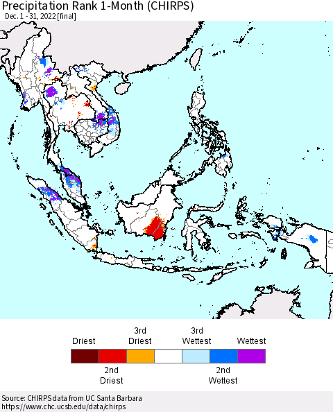 South East Asia Precipitation Rank since 1981, 1-Month (CHIRPS) Thematic Map For 12/1/2022 - 12/31/2022