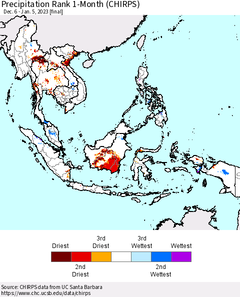 South East Asia Precipitation Rank since 1981, 1-Month (CHIRPS) Thematic Map For 12/6/2022 - 1/5/2023