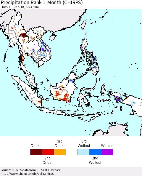 South East Asia Precipitation Rank since 1981, 1-Month (CHIRPS) Thematic Map For 12/11/2022 - 1/10/2023