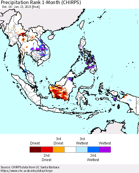 South East Asia Precipitation Rank since 1981, 1-Month (CHIRPS) Thematic Map For 12/16/2022 - 1/15/2023