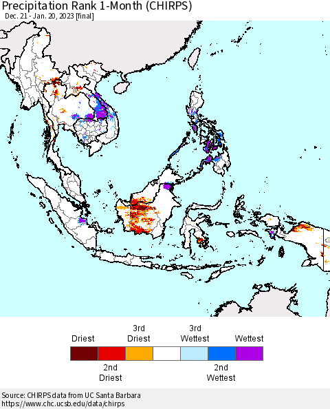 South East Asia Precipitation Rank since 1981, 1-Month (CHIRPS) Thematic Map For 12/21/2022 - 1/20/2023