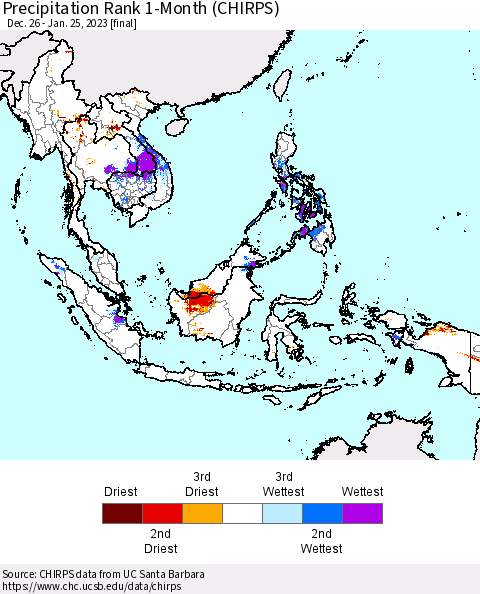 South East Asia Precipitation Rank since 1981, 1-Month (CHIRPS) Thematic Map For 12/26/2022 - 1/25/2023