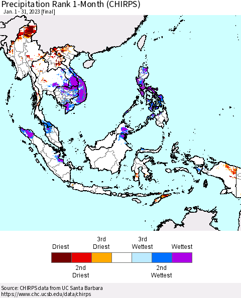 South East Asia Precipitation Rank since 1981, 1-Month (CHIRPS) Thematic Map For 1/1/2023 - 1/31/2023