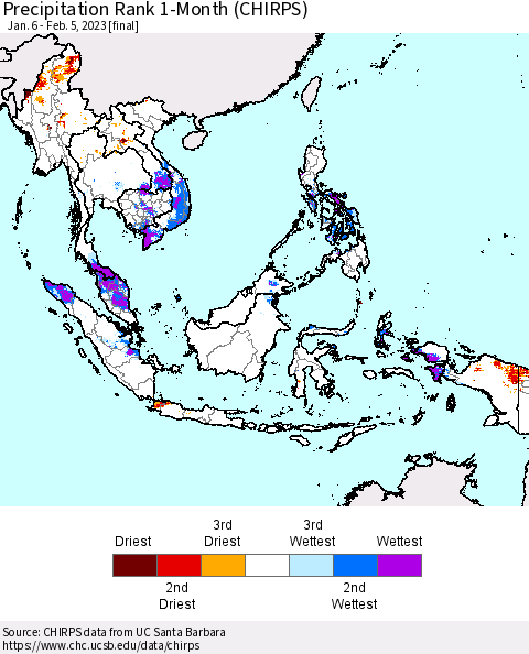 South East Asia Precipitation Rank since 1981, 1-Month (CHIRPS) Thematic Map For 1/6/2023 - 2/5/2023