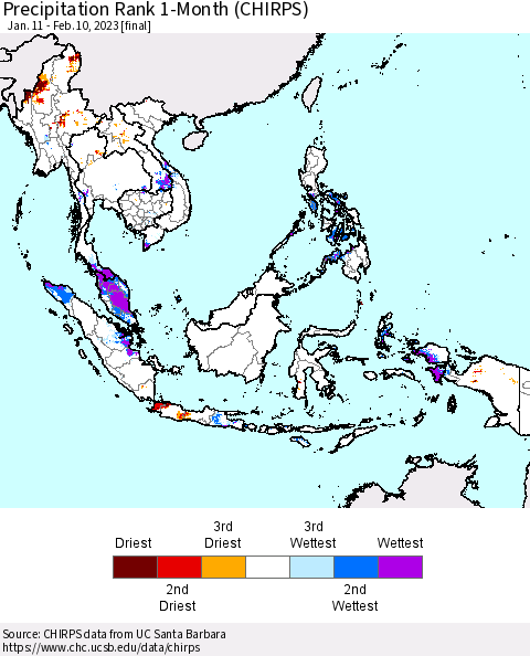South East Asia Precipitation Rank since 1981, 1-Month (CHIRPS) Thematic Map For 1/11/2023 - 2/10/2023
