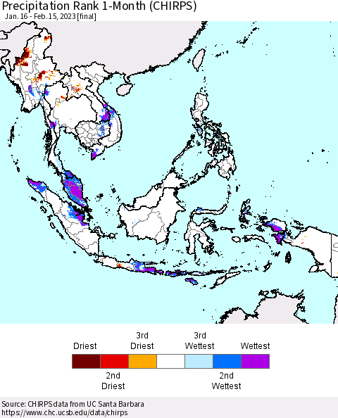 South East Asia Precipitation Rank since 1981, 1-Month (CHIRPS) Thematic Map For 1/16/2023 - 2/15/2023