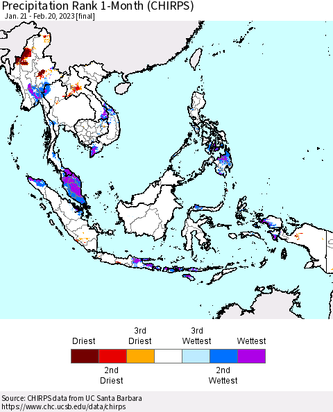 South East Asia Precipitation Rank since 1981, 1-Month (CHIRPS) Thematic Map For 1/21/2023 - 2/20/2023