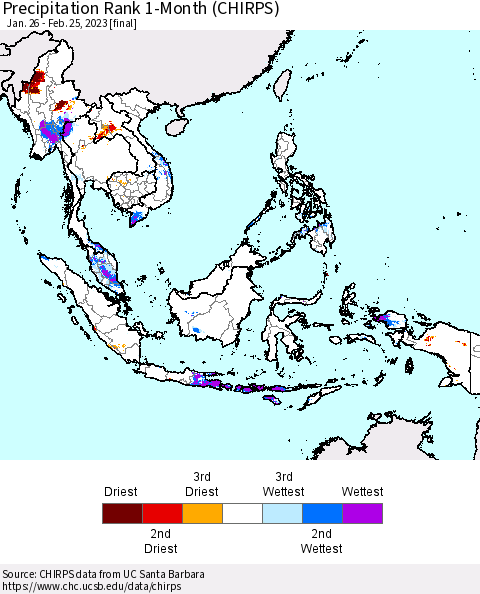 South East Asia Precipitation Rank since 1981, 1-Month (CHIRPS) Thematic Map For 1/26/2023 - 2/25/2023