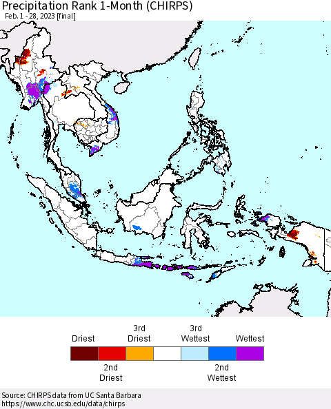 South East Asia Precipitation Rank since 1981, 1-Month (CHIRPS) Thematic Map For 2/1/2023 - 2/28/2023
