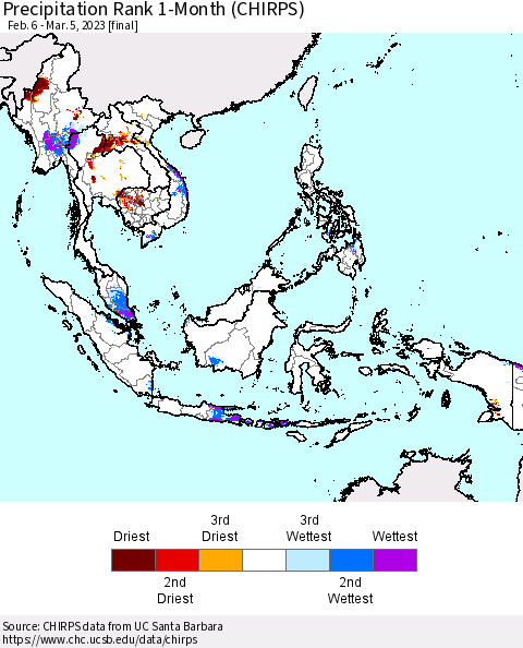 South East Asia Precipitation Rank since 1981, 1-Month (CHIRPS) Thematic Map For 2/6/2023 - 3/5/2023