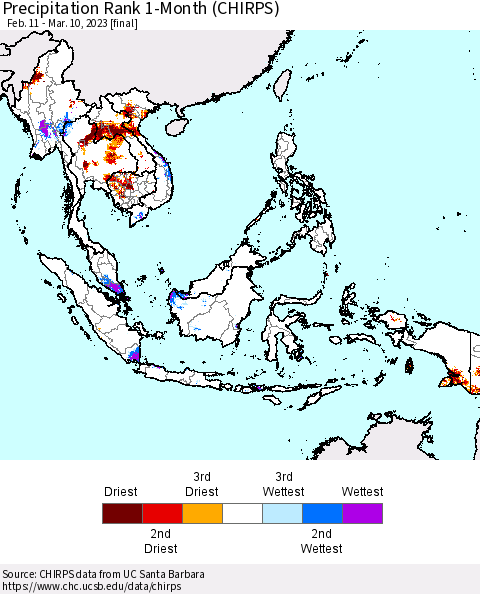 South East Asia Precipitation Rank since 1981, 1-Month (CHIRPS) Thematic Map For 2/11/2023 - 3/10/2023