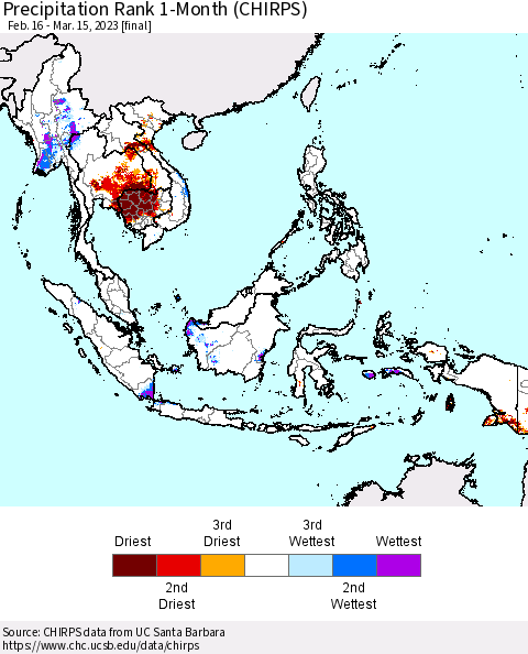 South East Asia Precipitation Rank since 1981, 1-Month (CHIRPS) Thematic Map For 2/16/2023 - 3/15/2023