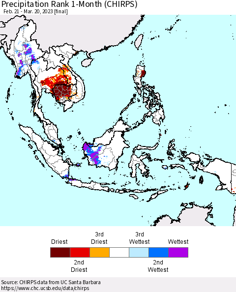 South East Asia Precipitation Rank since 1981, 1-Month (CHIRPS) Thematic Map For 2/21/2023 - 3/20/2023