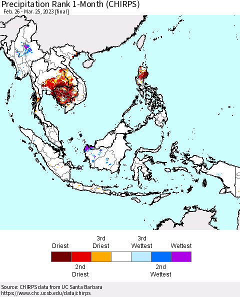 South East Asia Precipitation Rank since 1981, 1-Month (CHIRPS) Thematic Map For 2/26/2023 - 3/25/2023
