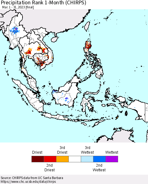 South East Asia Precipitation Rank since 1981, 1-Month (CHIRPS) Thematic Map For 3/1/2023 - 3/31/2023