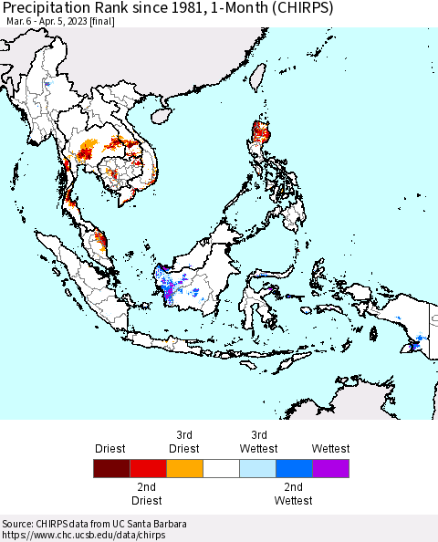 South East Asia Precipitation Rank since 1981, 1-Month (CHIRPS) Thematic Map For 3/6/2023 - 4/5/2023
