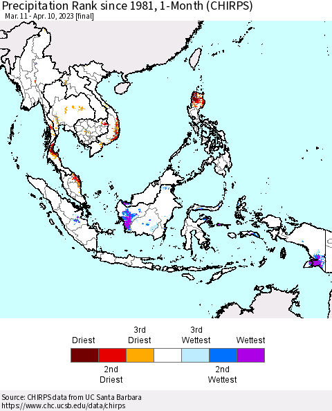 South East Asia Precipitation Rank since 1981, 1-Month (CHIRPS) Thematic Map For 3/11/2023 - 4/10/2023